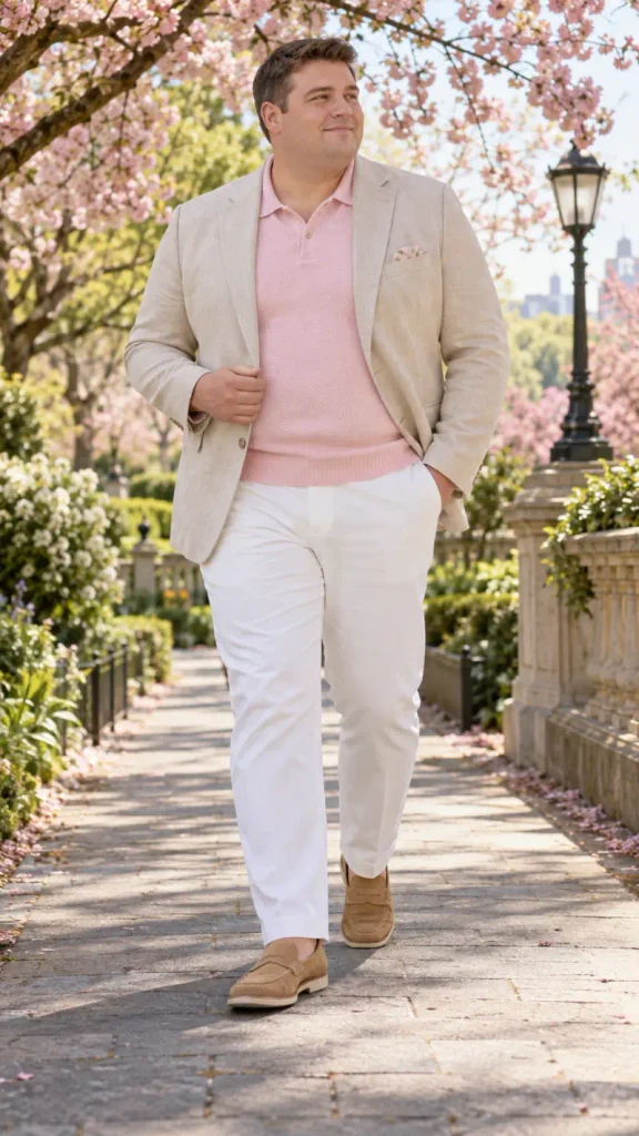 Tan Linen Blazer Over Soft Pink Polo