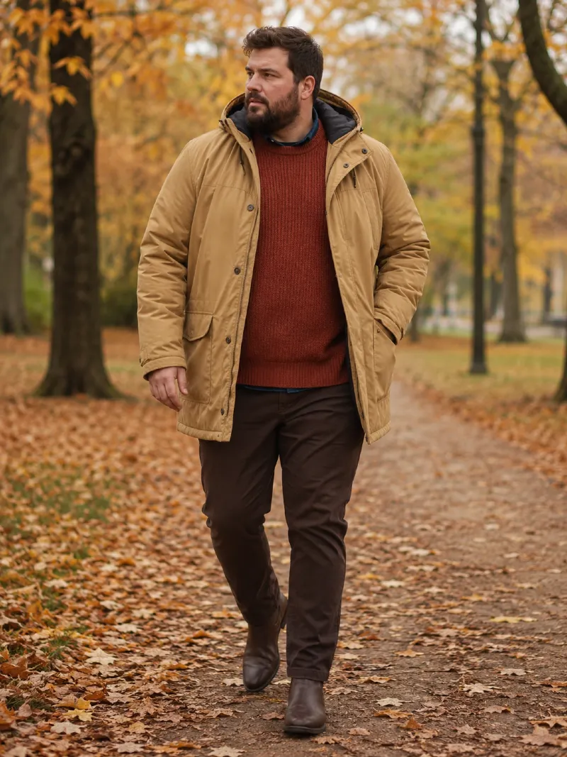 Tan Parka Jacket with Rust Sweater and Brown Pants