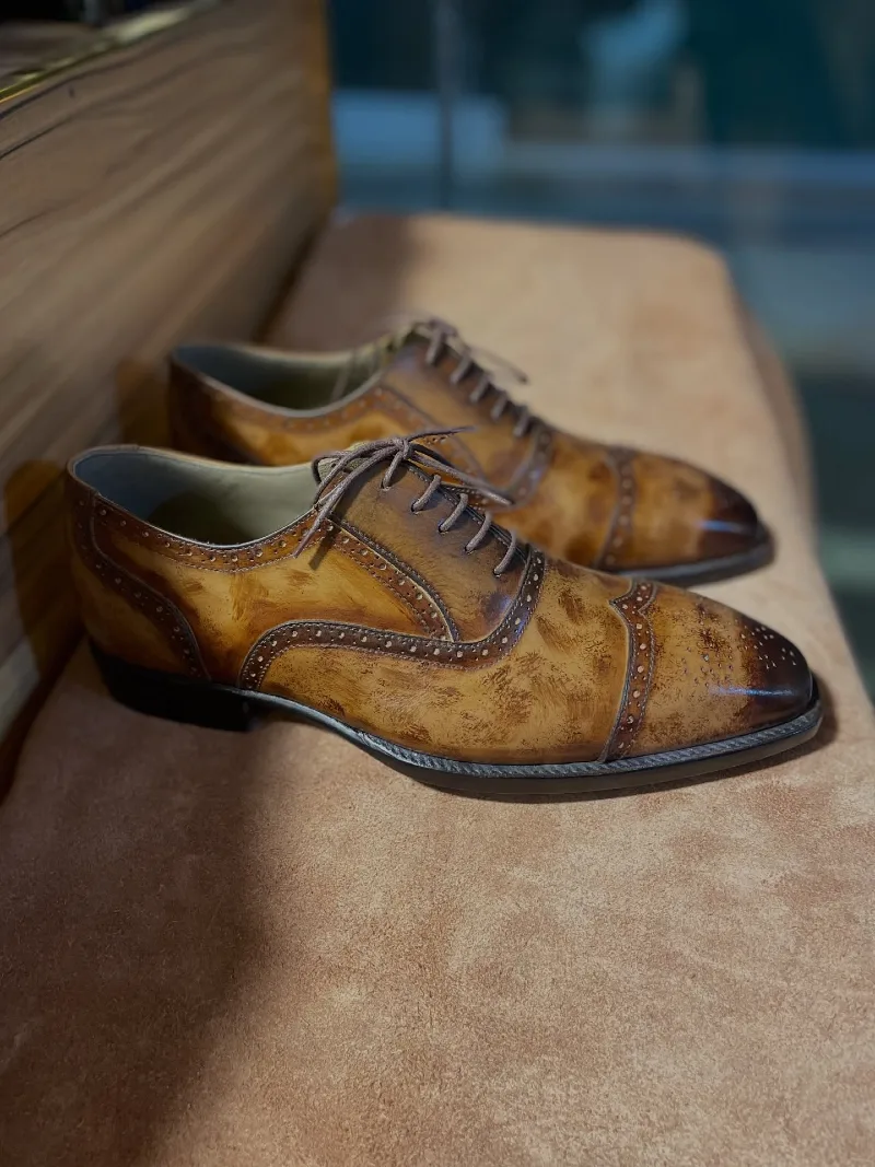 Tan Patterned Wingtip Oxford Dress Shoes
