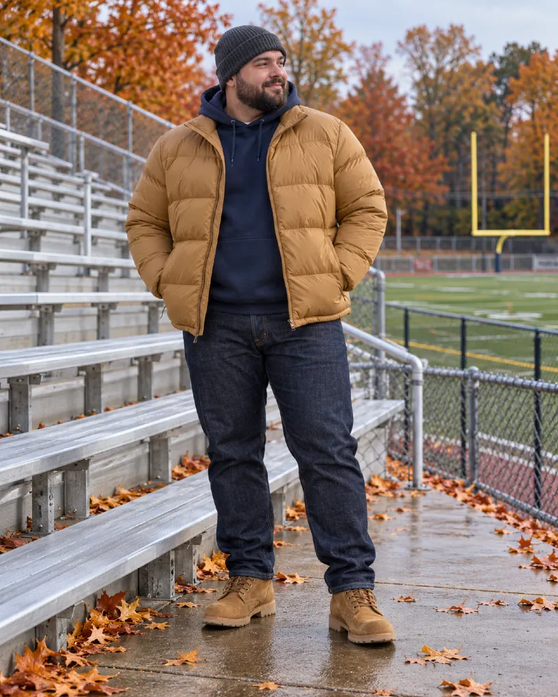 Tan Puffer Jacket and Navy Hoodie for Cold Bleacher Weather