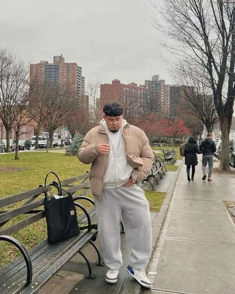 Tan Puffer Over Light Grey Sweats