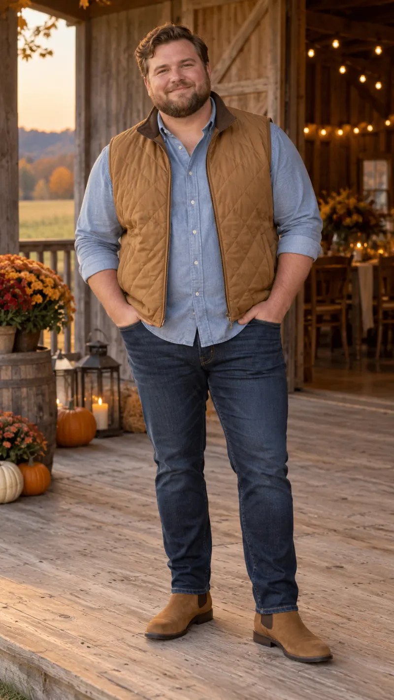 Tan Quilted Vest, Light Blue Chambray Shirt, Dark Wash Jeans, and Tan Suede Chelsea Boots