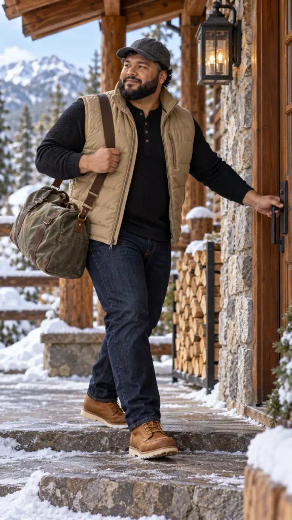 Tan Quilted Vest and Black Thermal Henley