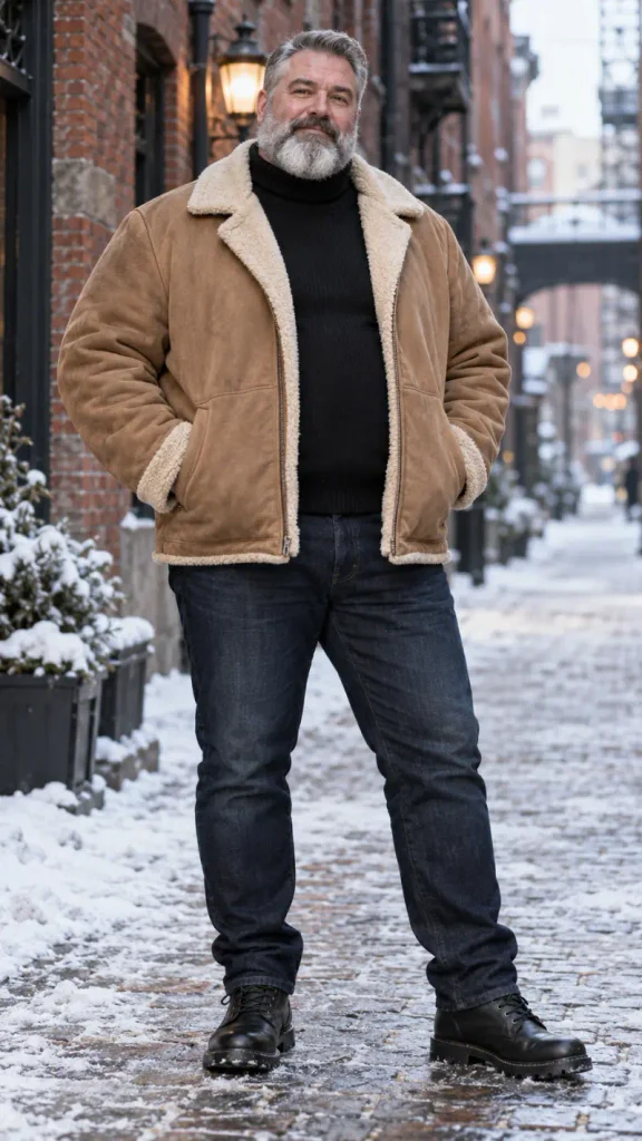 Tan Shearling Jacket and Black Turtleneck