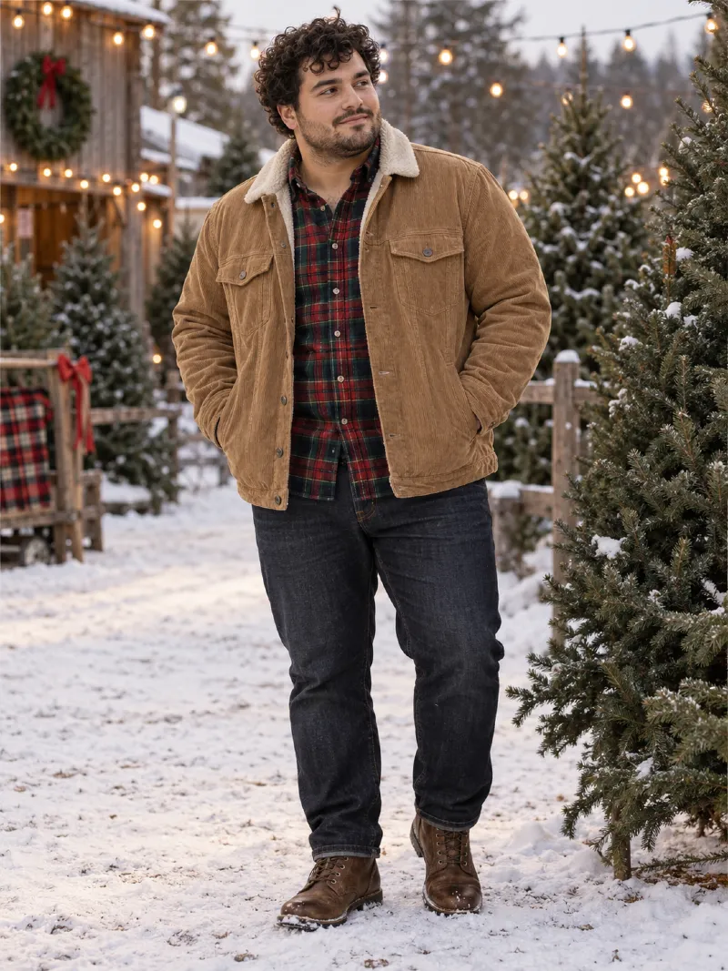 Tan Sherpa Corduroy Jacket over Red Plaid Shirt