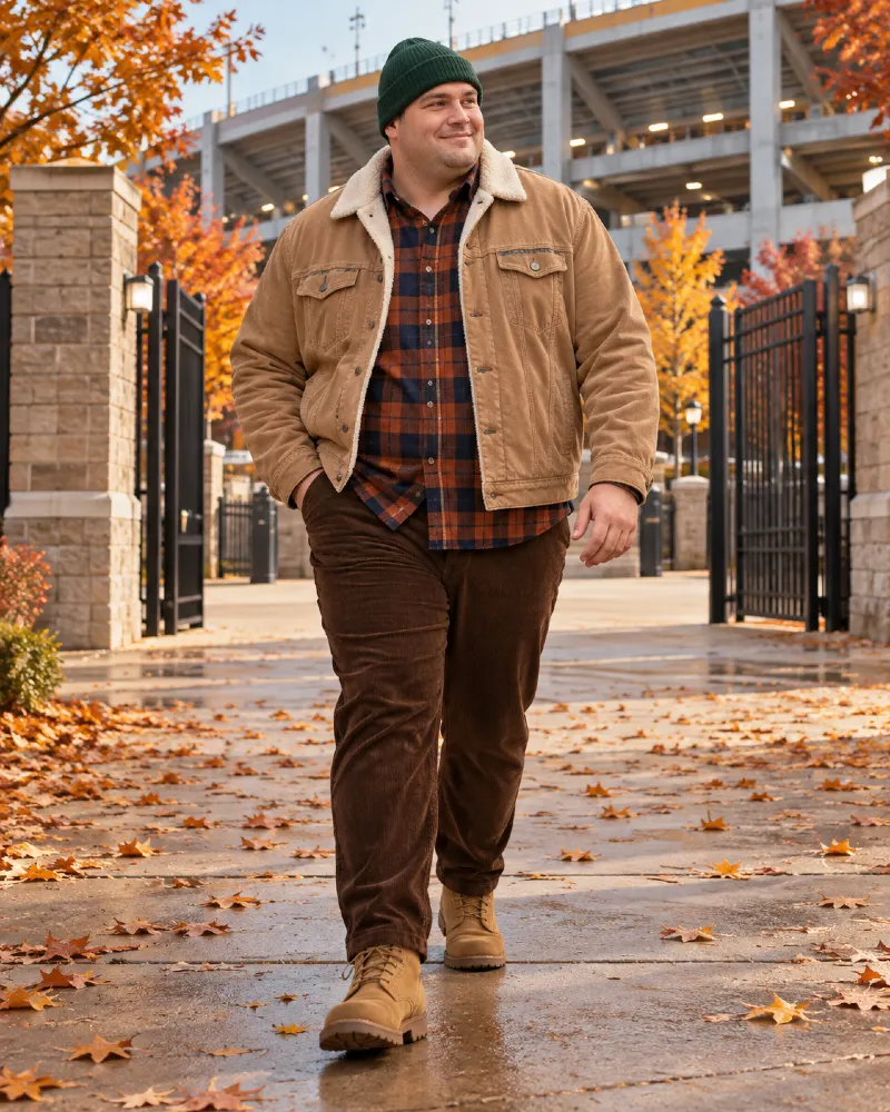 Tan Sherpa Jacket and Plaid Shirt for a Fall Football Game