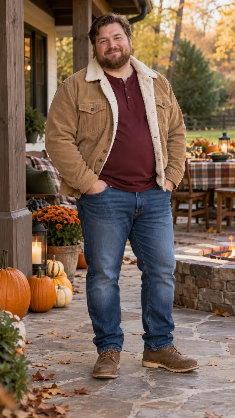 Tan Sherpa-Lined Corduroy Jacket, Maroon Henley Shirt, Medium Wash Jeans, and Brown Suede Boots
