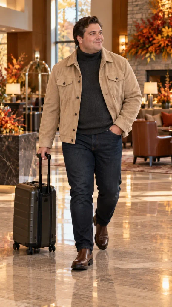 Tan Suede Jacket Over Ribbed Charcoal Turtleneck
