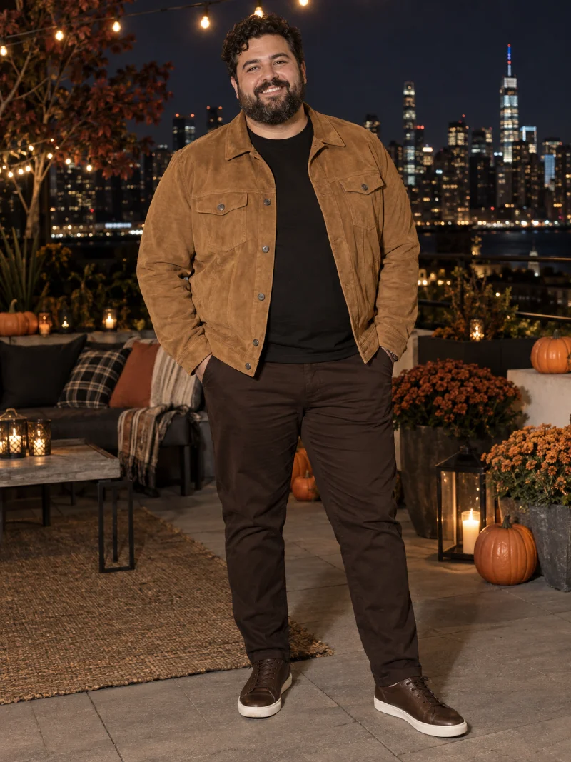 Tan Suede Jacket With Black Shirt and Brown Trousers