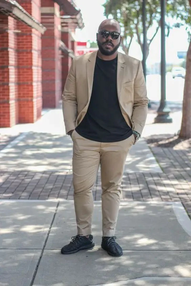 Tan Suit Jacket, Black T-Shirt, and Tan Suit Pants
