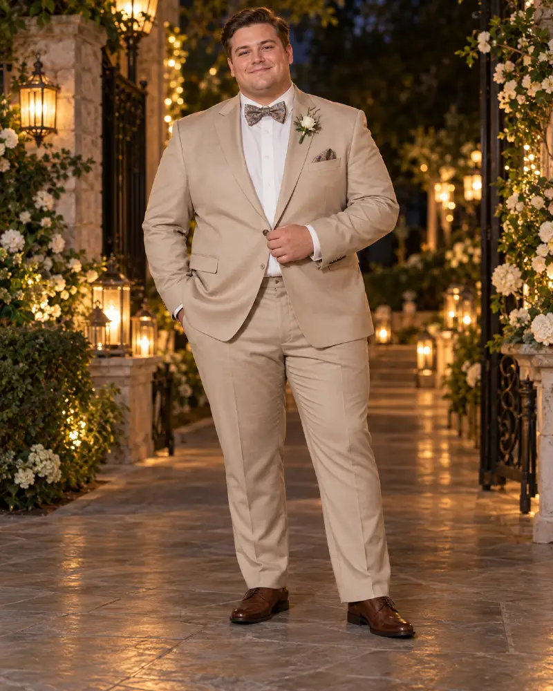 Tan Suit With Patterned Bow Tie And Warm Lanterns