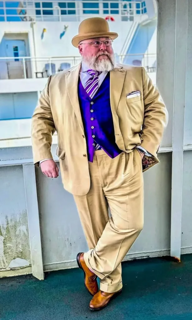 Tan Suit With Vibrant Purple Vest