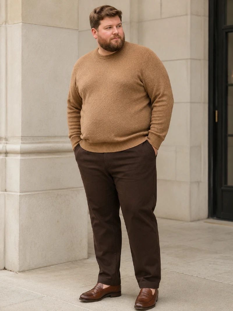 Tan Sweater and Dark Brown Trousers