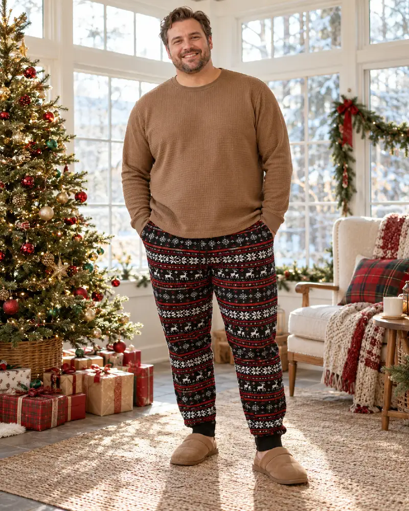 Tan Thermal Top With Nordic Christmas Pajama Pants