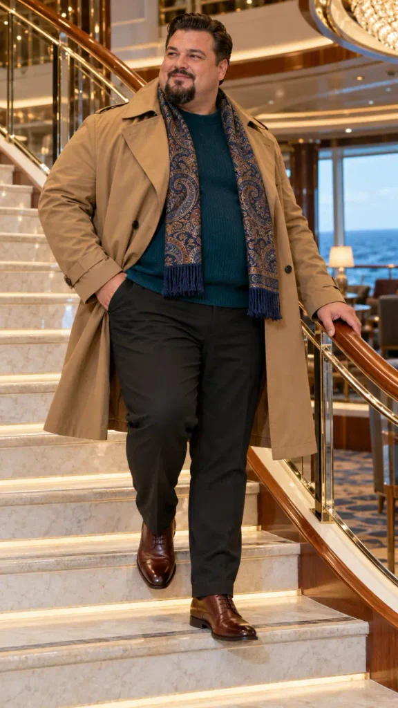 Tan Trench Coat and Deep Teal Knit