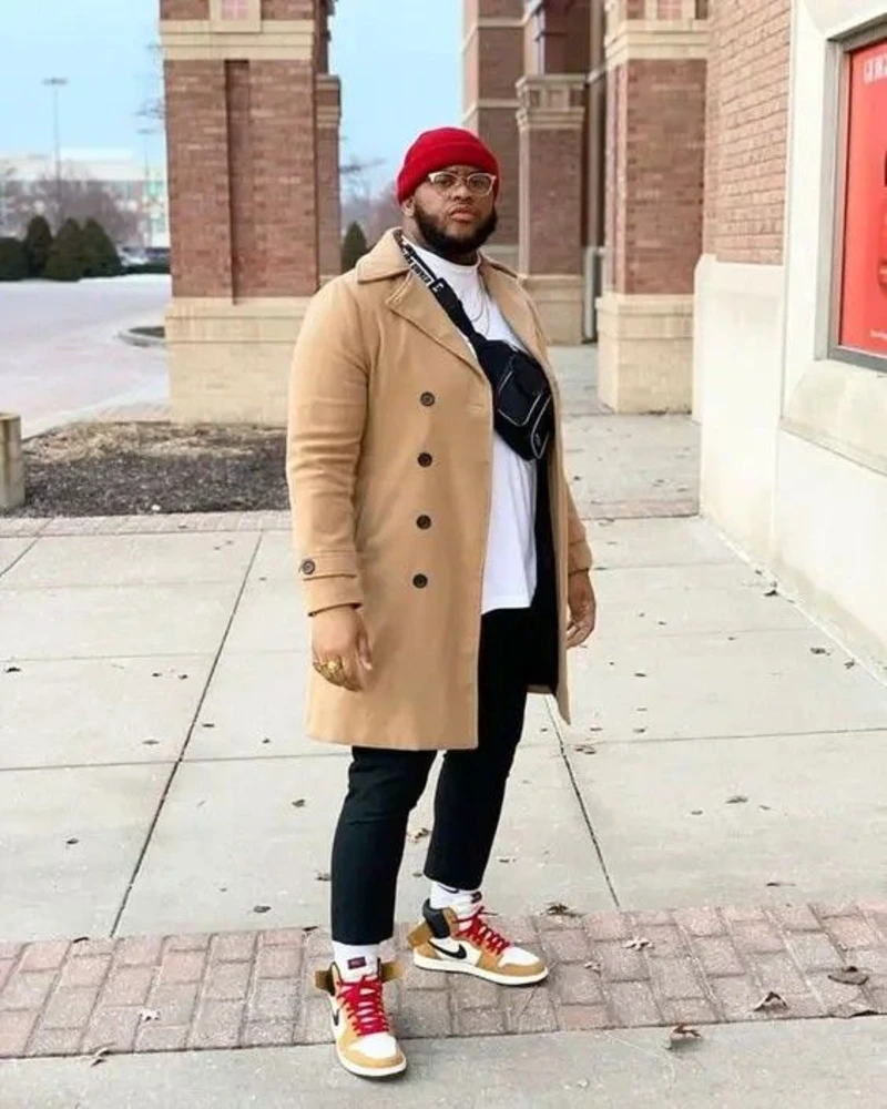 Tan Trench Coat with White T-Shirt and Black Pants