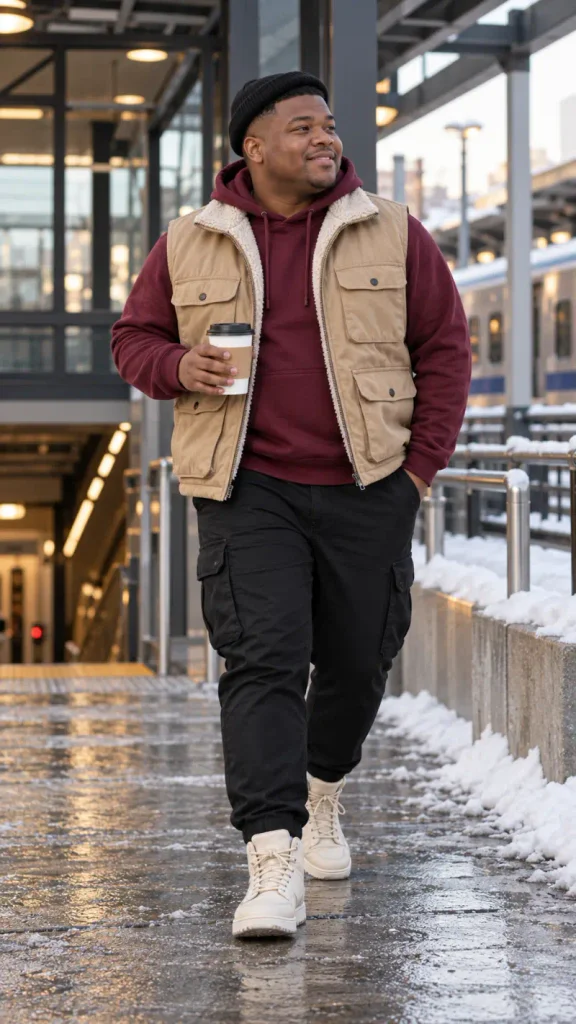 Tan Utility Vest and Burgundy Hoodie