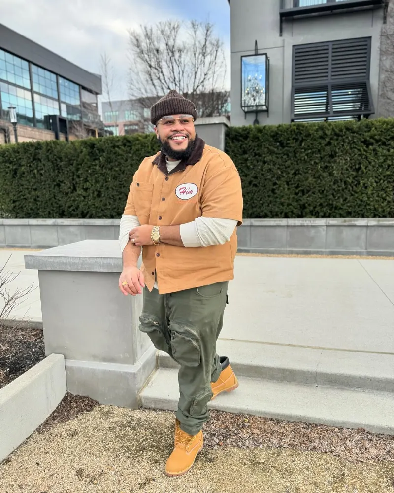 Tan Workwear Overshirt With Olive Cargo Pants