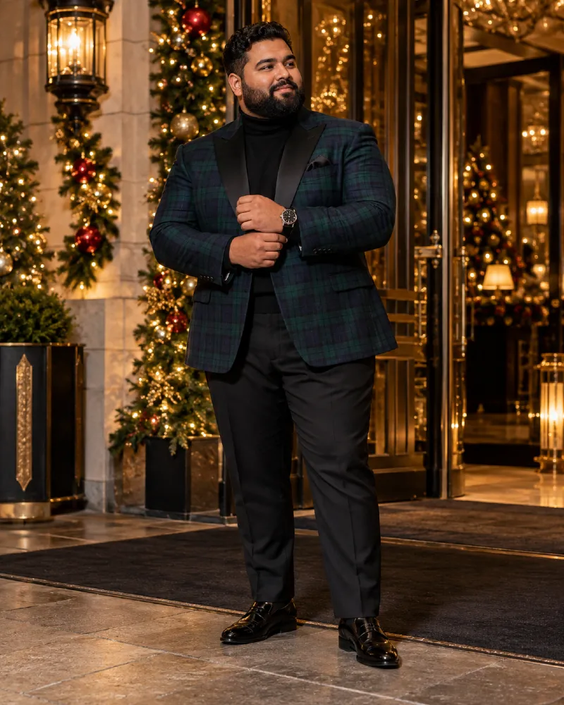 Tartan Plaid Blazer with Black Turtleneck, Black Trousers, and Patent Leather Dress Shoes