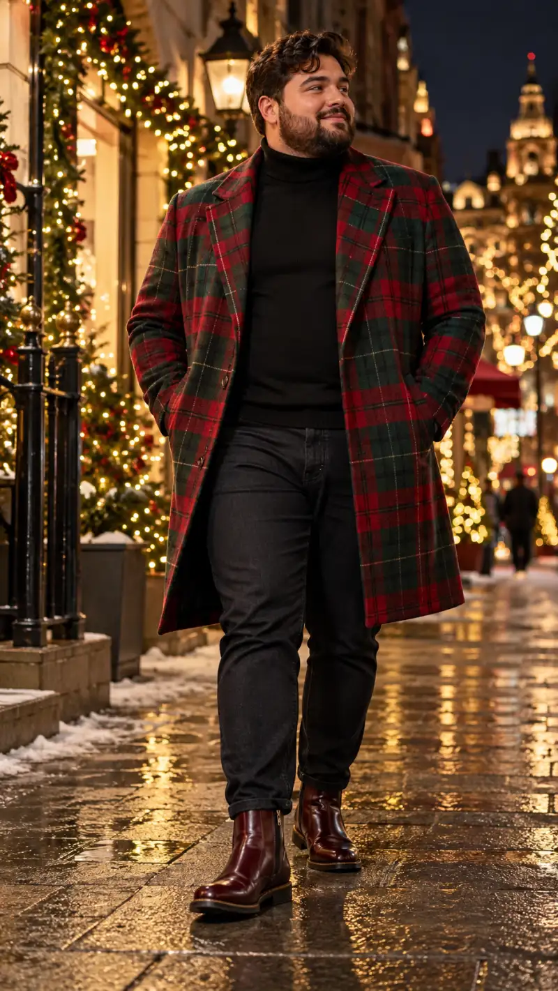 Tartan Plaid Overcoat, Turtleneck Sweater, Dark Jeans, and Chelsea Boots