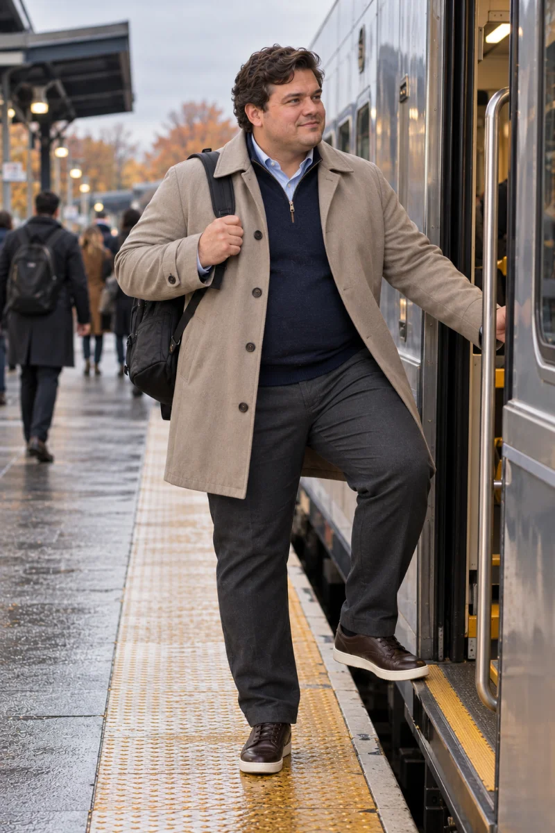 Taupe Commuter Coat With Navy Quarter-Zip and Charcoal Trousers