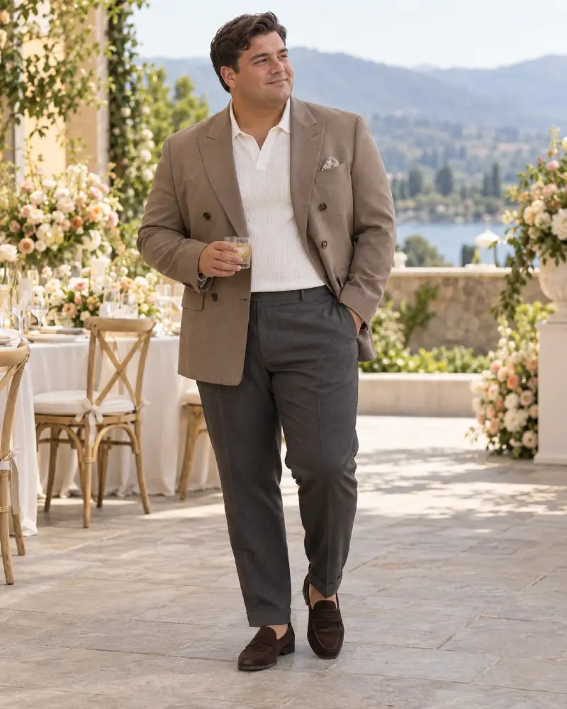Taupe Double Breasted Blazer and Charcoal Trousers