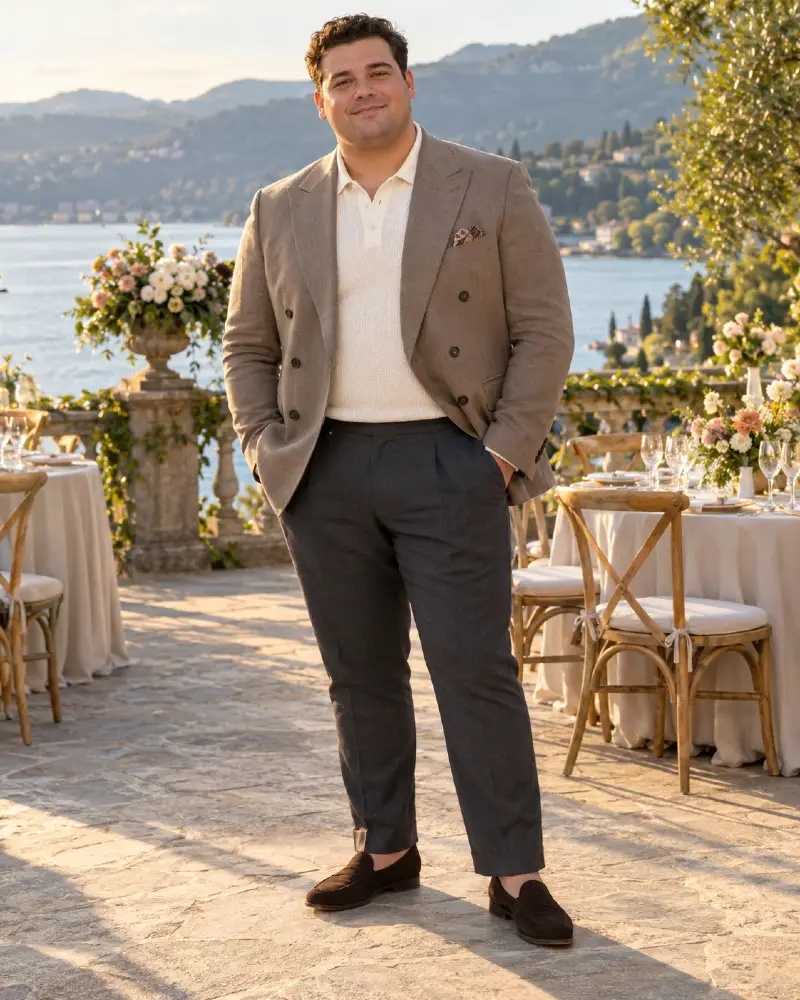 Taupe Double Breasted Blazer and Knit Polo