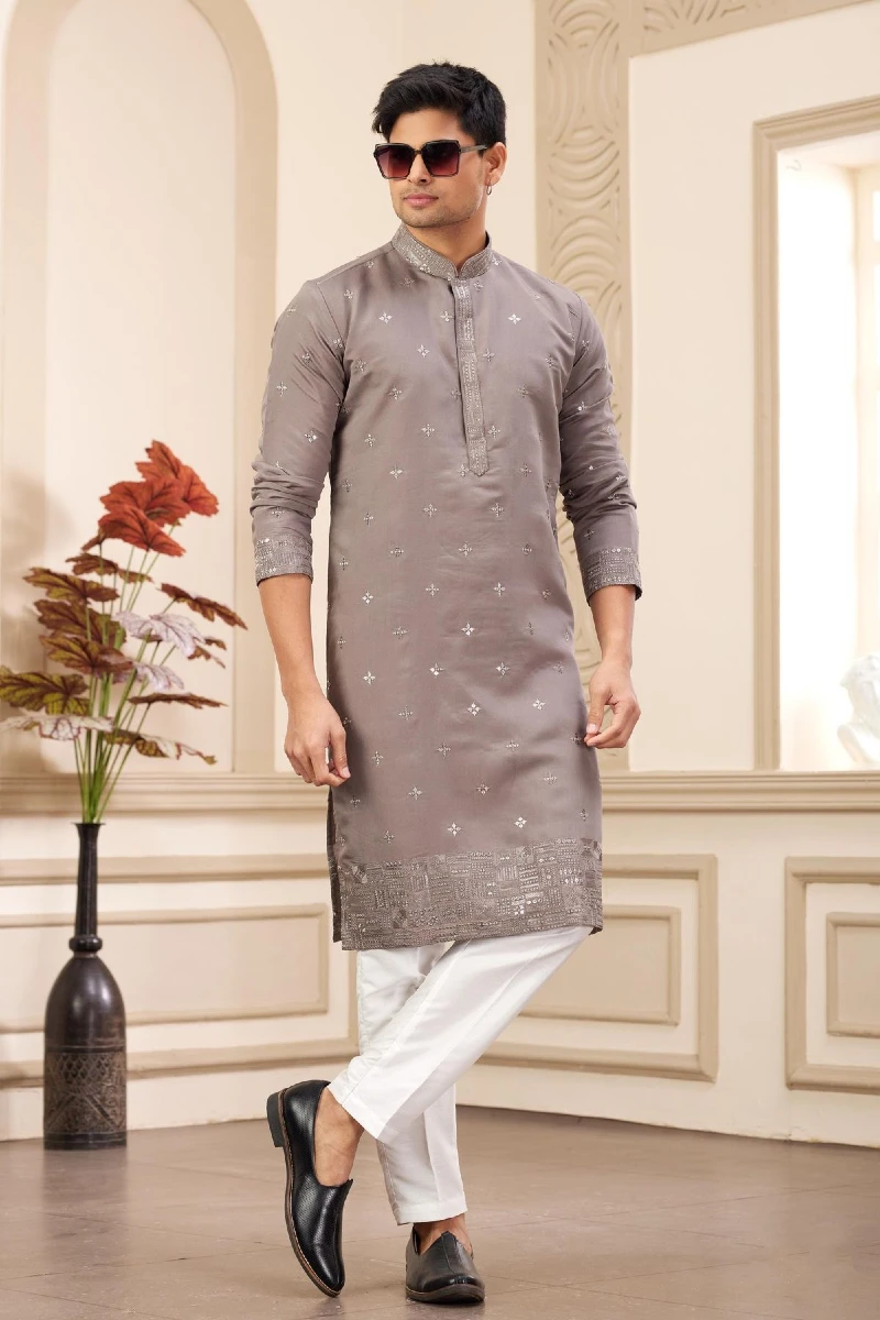 Taupe Grey Embroidered Kurta with White Pajamas
