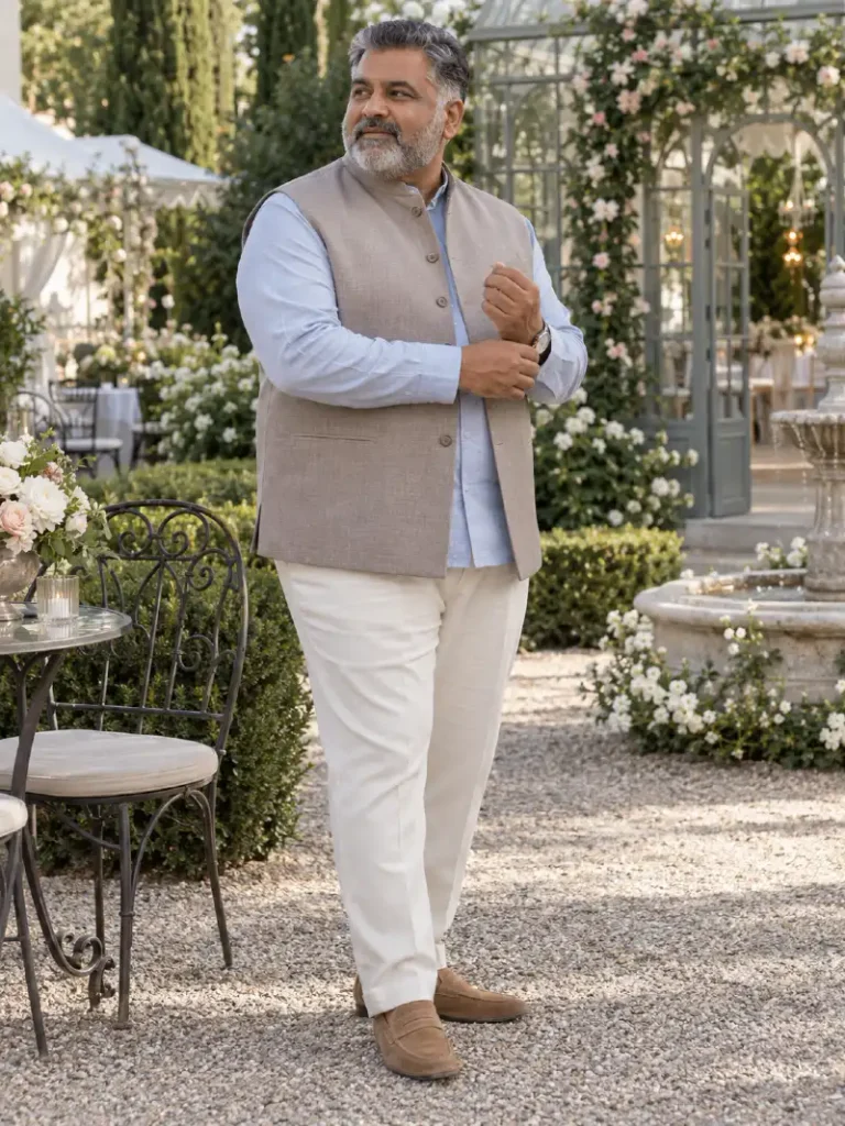 Taupe Nehru Vest With Light Blue Shirt