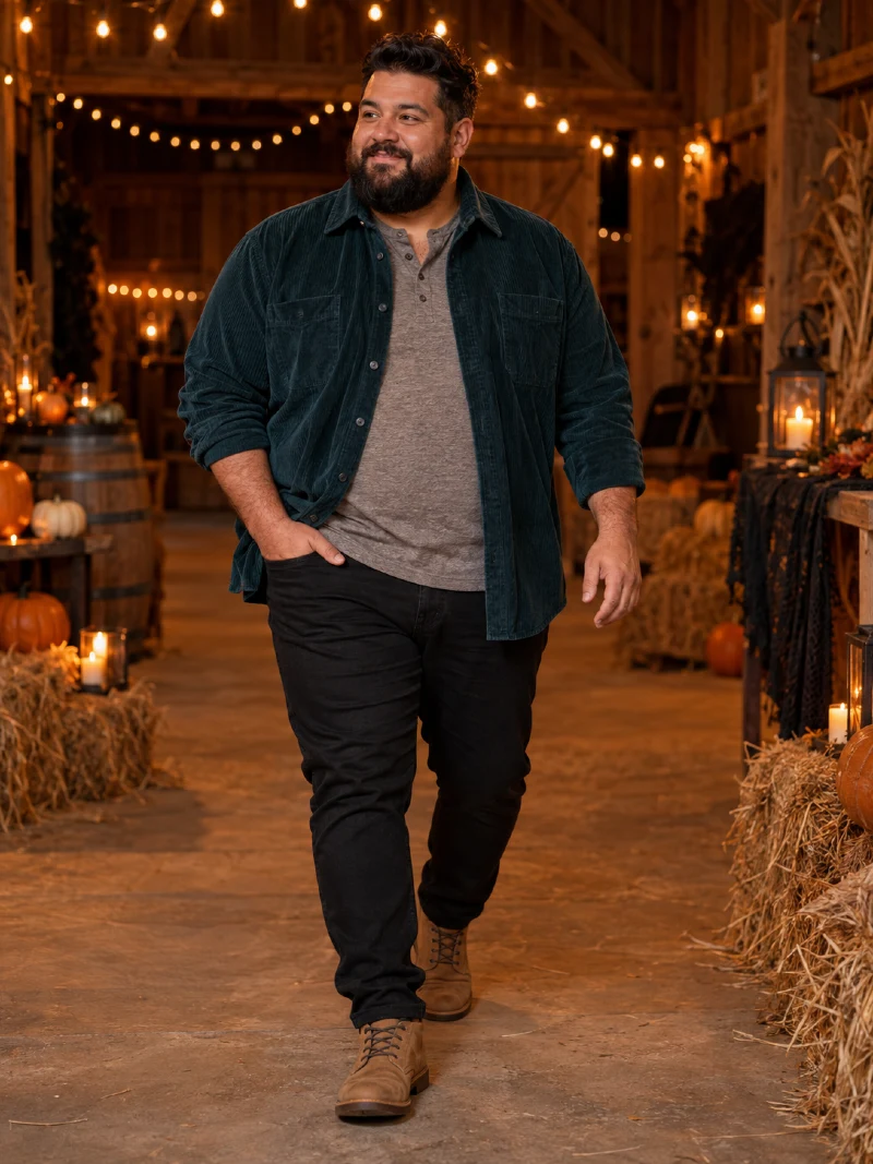Teal Corduroy Overshirt With Gray Henley and Black Jeans