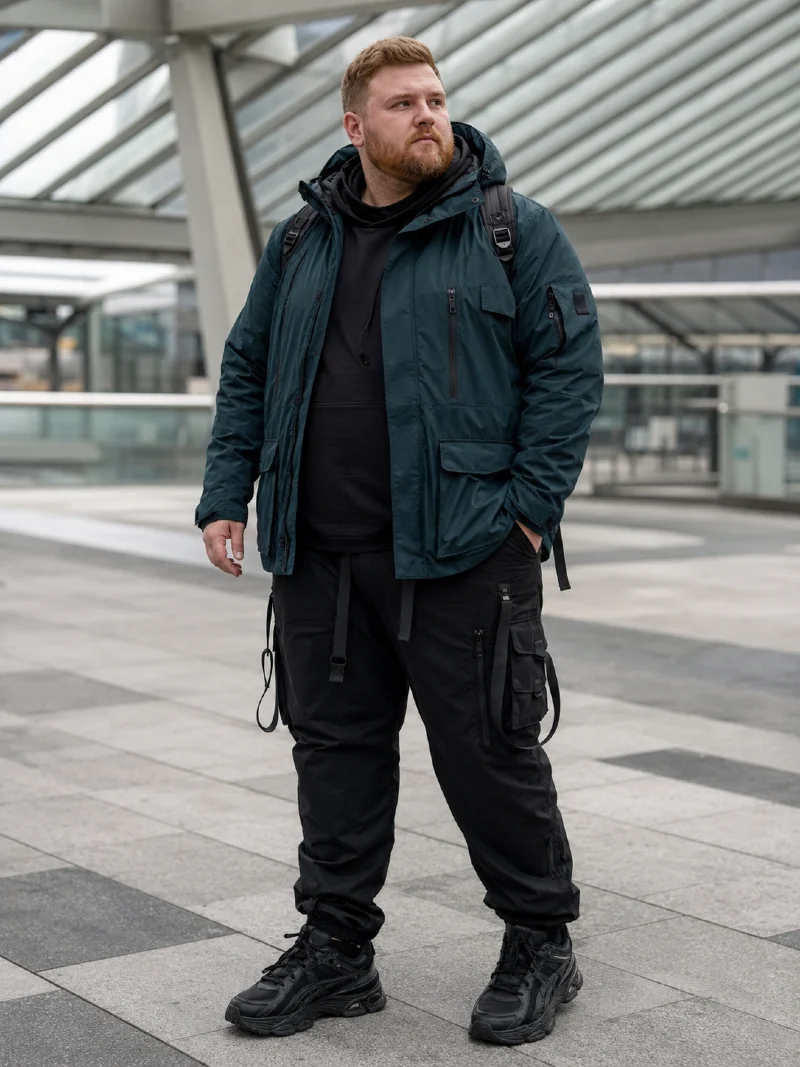 Teal Hooded Jacket and Black Hoodie with Strapped Cargo Pants