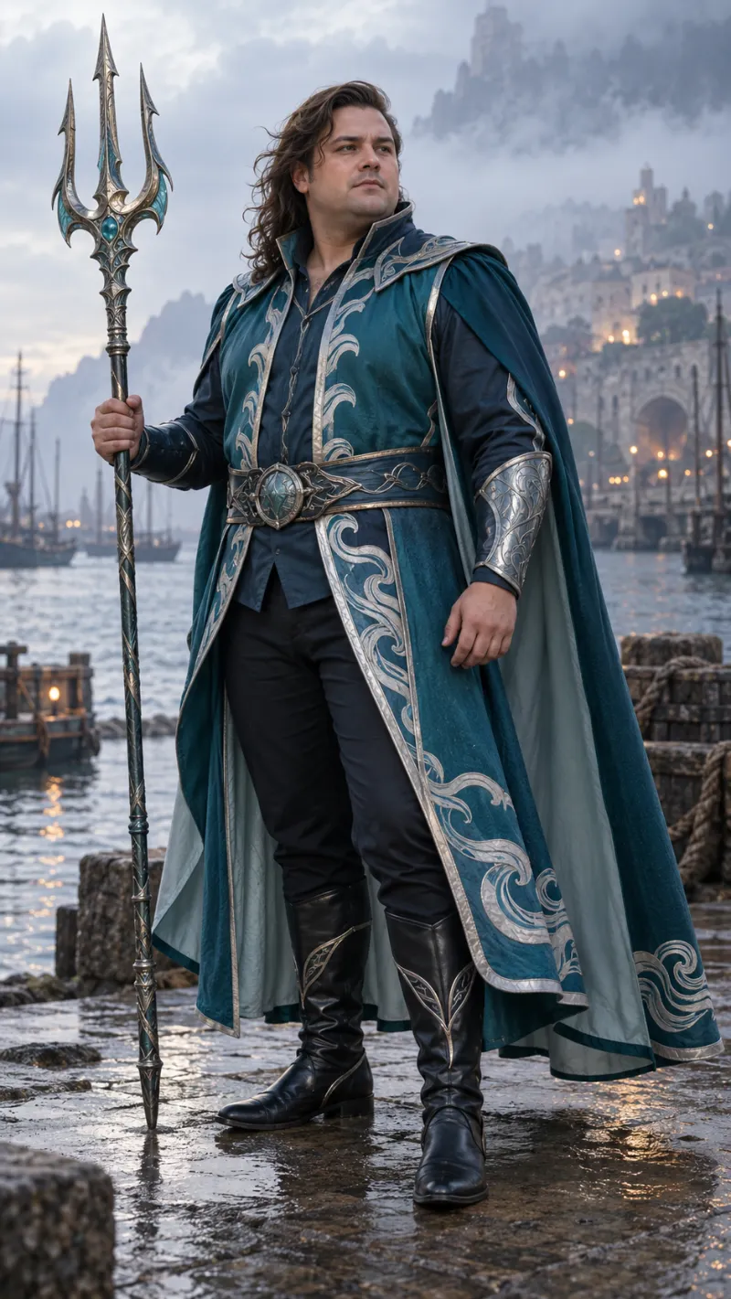Teal Ocean Cape, Silver-Trim Tunic & Black Tall Boots