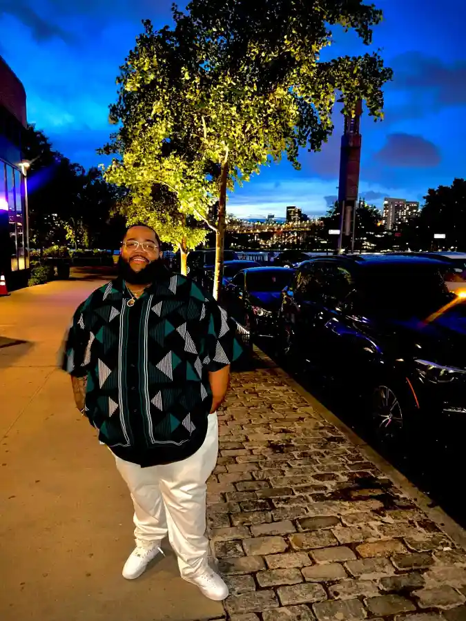 Teal Patterned Shirt and White Pants