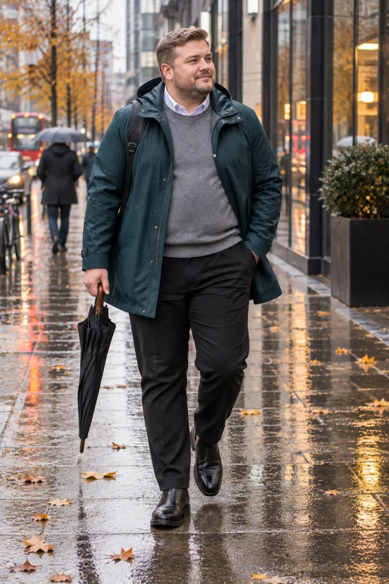 Teal Raincoat With Gray Sweater and Black Trousers