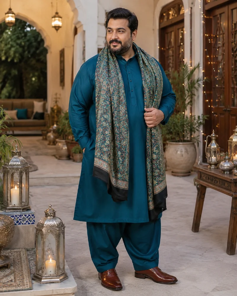 Teal Shalwar Kameez with Patterned Shawl