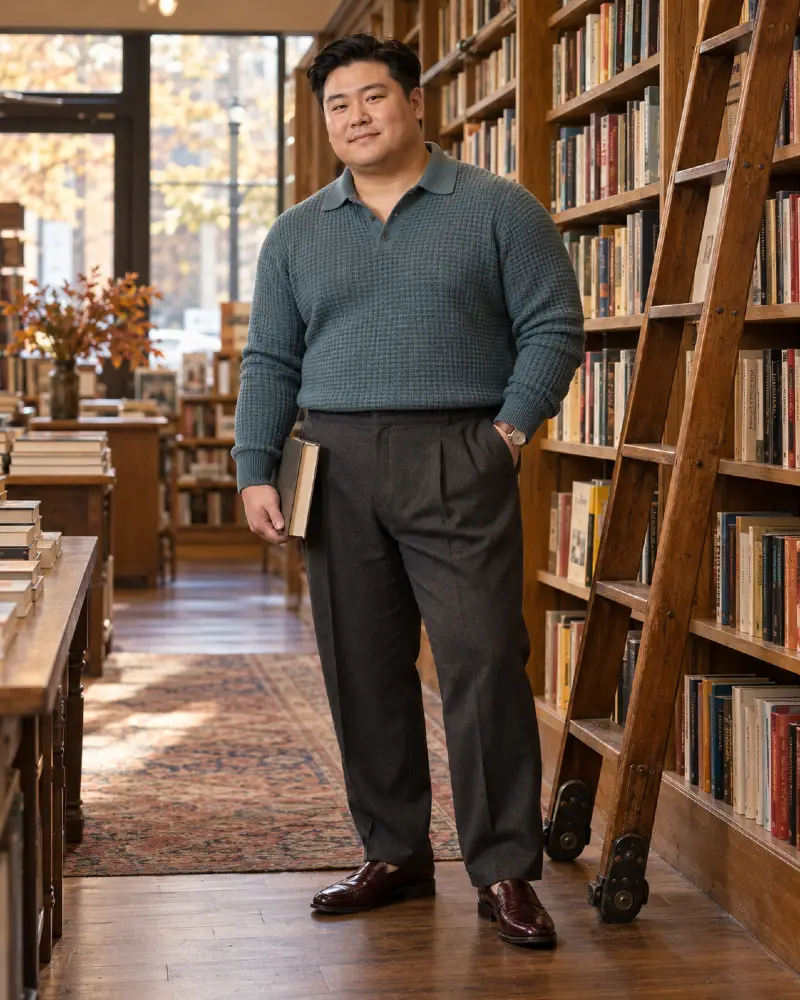 Teal Waffle Knit Polo and Charcoal Trousers
