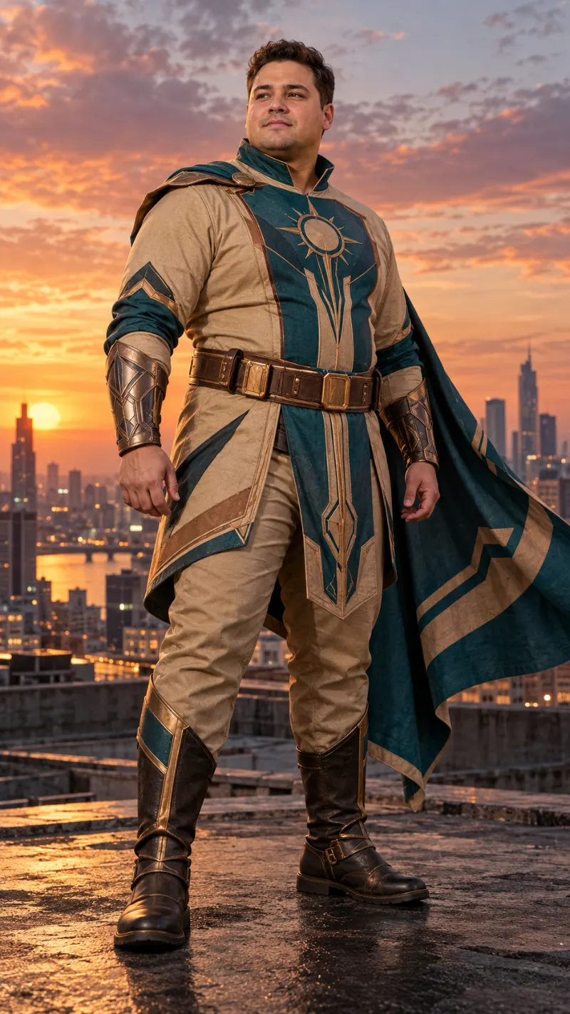 Teal-and-Tan Sun Tunic, Long Cape & Tall Boots