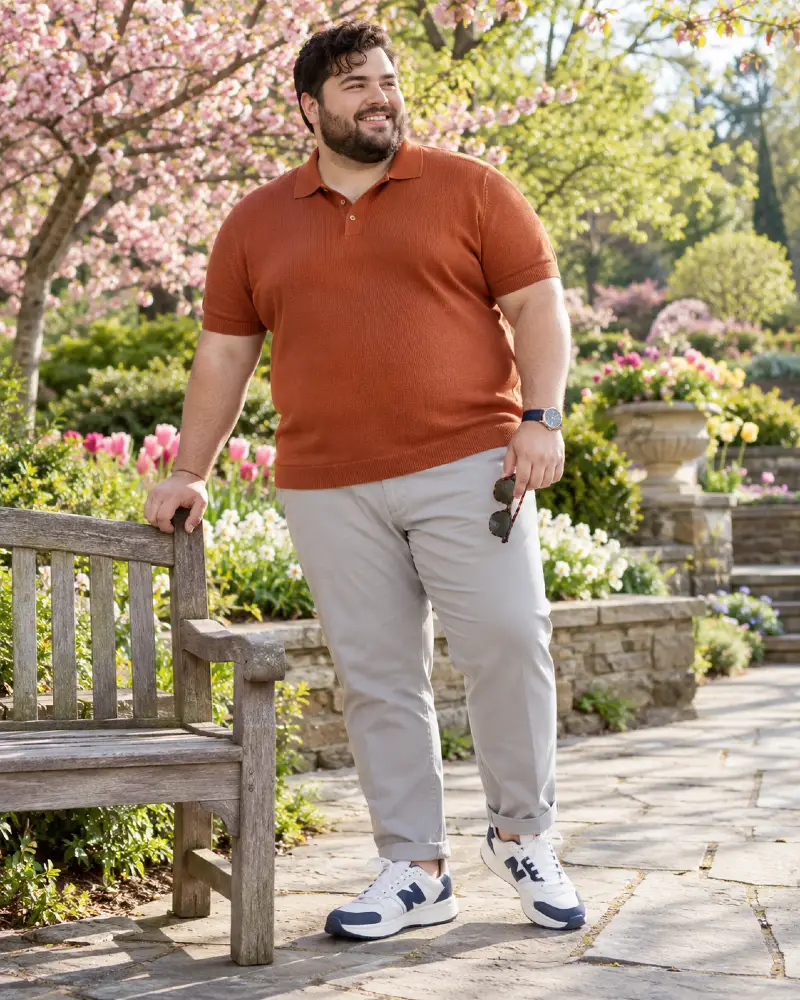 Terracotta Knit Polo With Retro Navy Runners