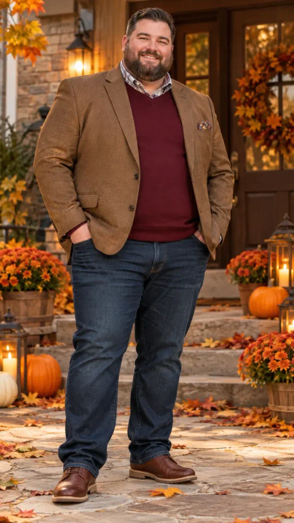 Textured Brown Blazer And Burgundy Sweater