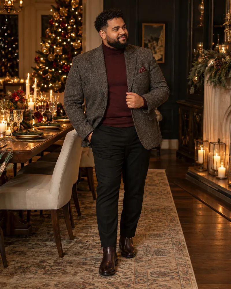 Textured Brown Blazer with Burgundy Turtleneck, Black Trousers, and Leather Dress Boots