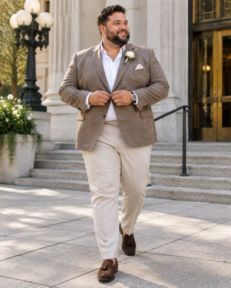 Textured Brown Jacket with Light Beige Trousers