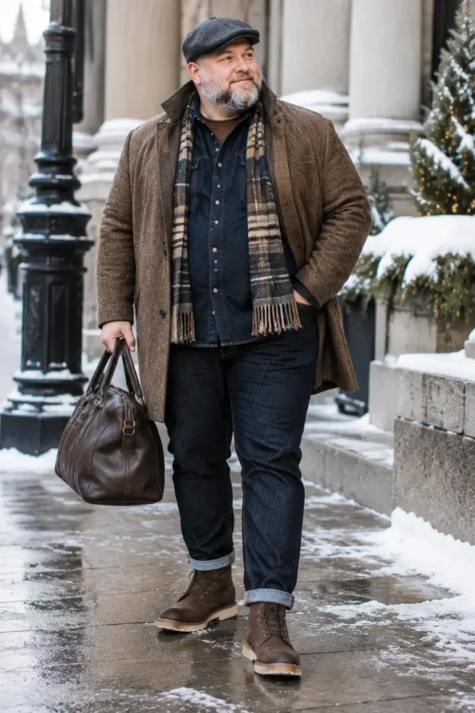Textured Brown Overcoat With Double Denim Base