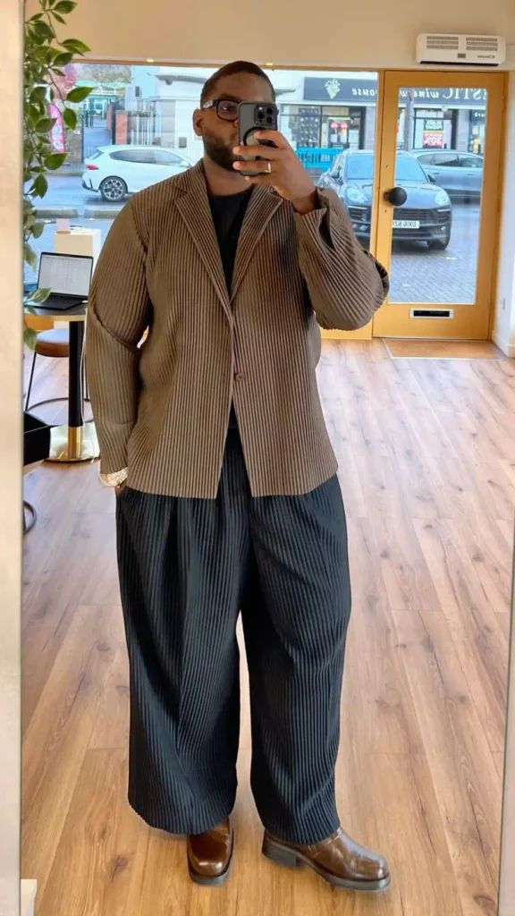 Textured Brown Tailoring With Fluid Dark Trousers