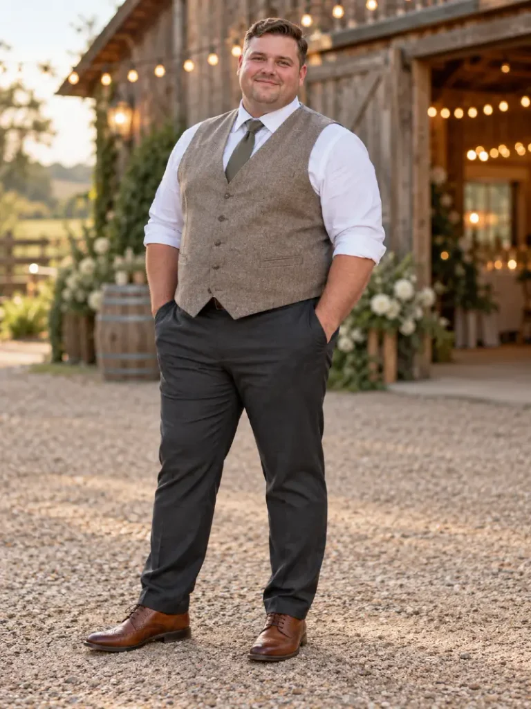 Textured Brown Waistcoat With Dark Charcoal Trousers