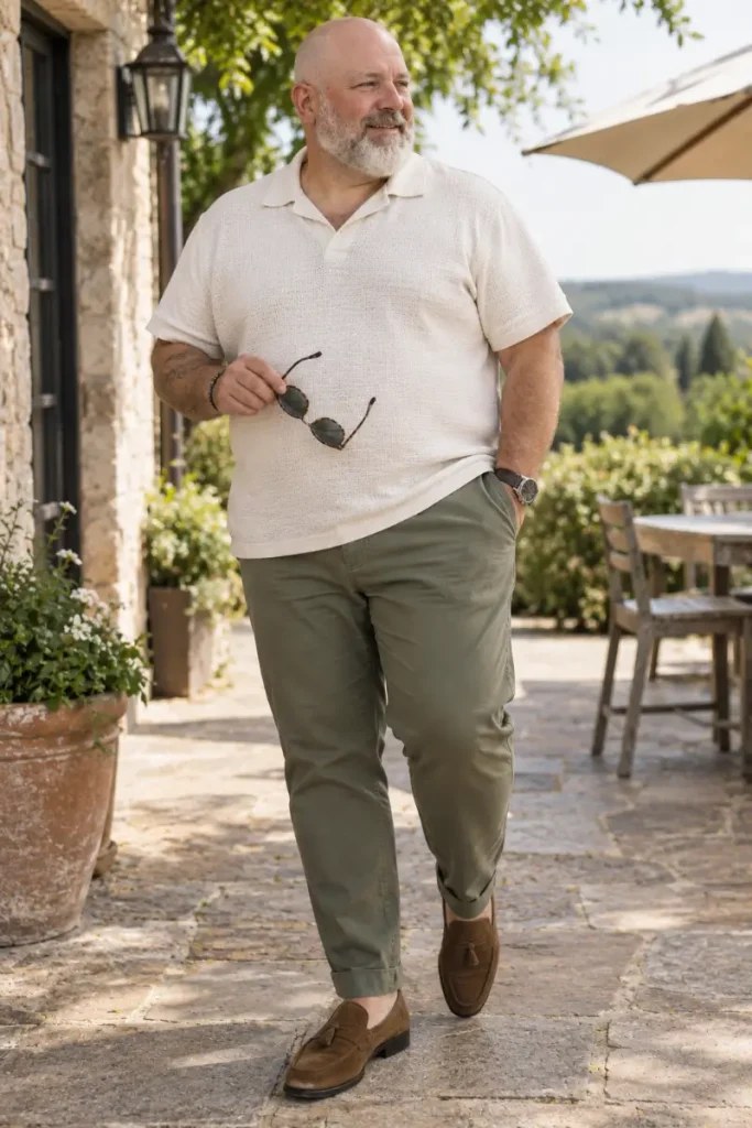 Textured Cream Polo And Olive Chinos For Warm Spring Days