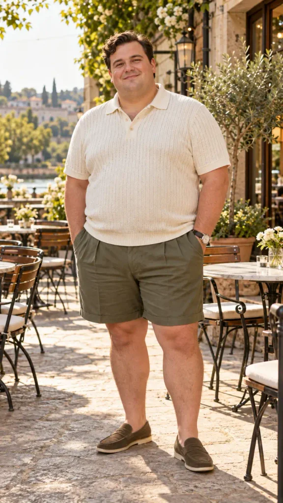 Textured Cream Polo and Cuffed Olive Shorts