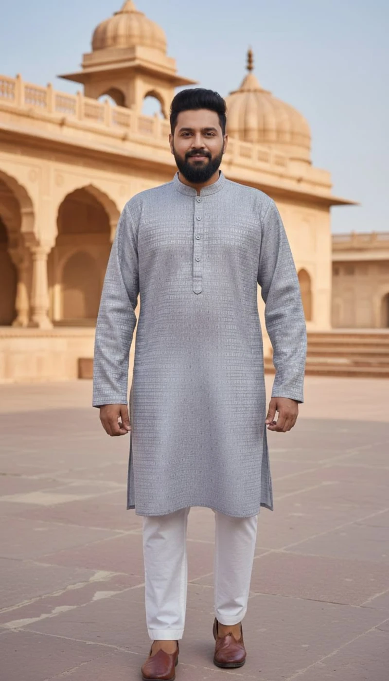 Textured Gray Kurta with White Pajamas