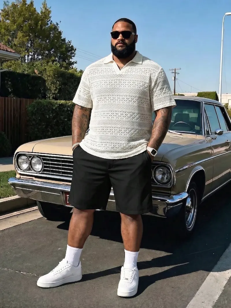 Textured Knit Polo Shirt and Black Shorts