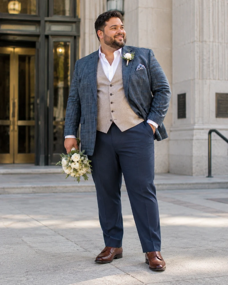 Textured Navy Blazer with Tan Vest