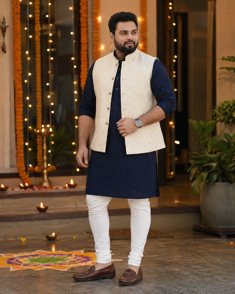 Textured Nehru Jacket with Dark Kurta Pyjama